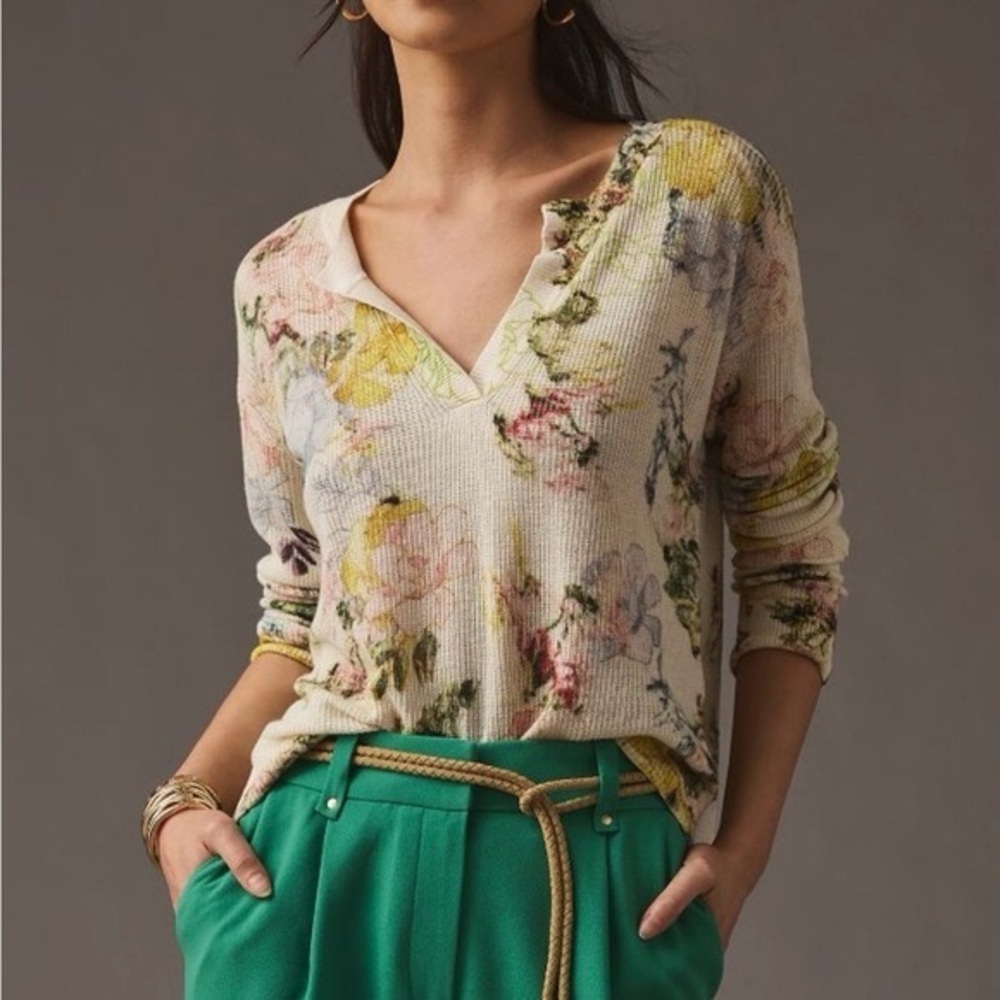 Anthropologie Floral Cream V Neck Sweater Top